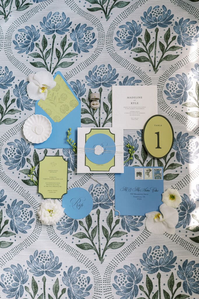 Wedding stationery flat lay at The French House Cincinnati 