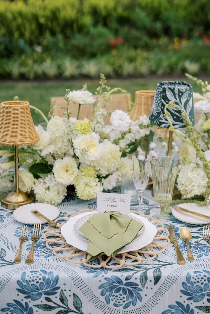The French House wedding tablescape with floral linen
