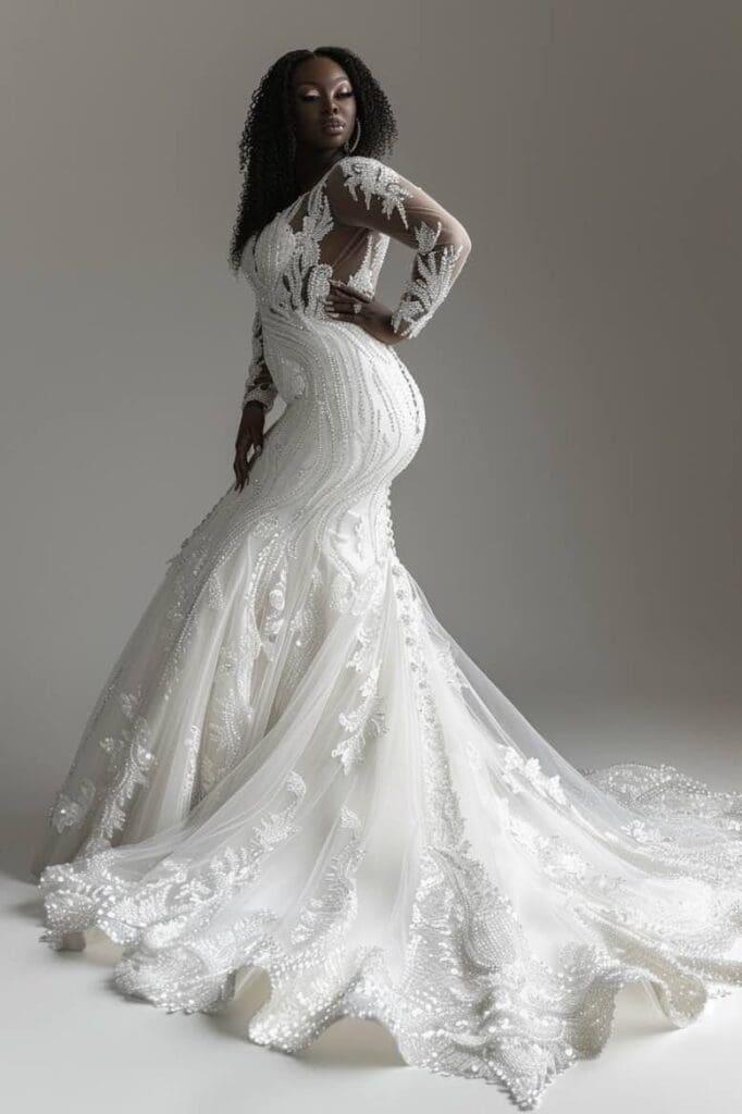 fitted mermaid silhouette adorned with intricate crystal beadwork and sheer long sleeves