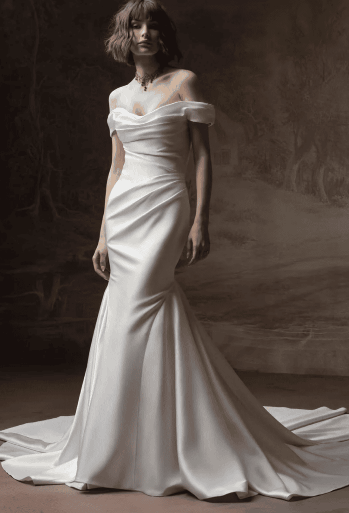  ivory satin gown featuring a draped off-the-shoulder portrait neckline