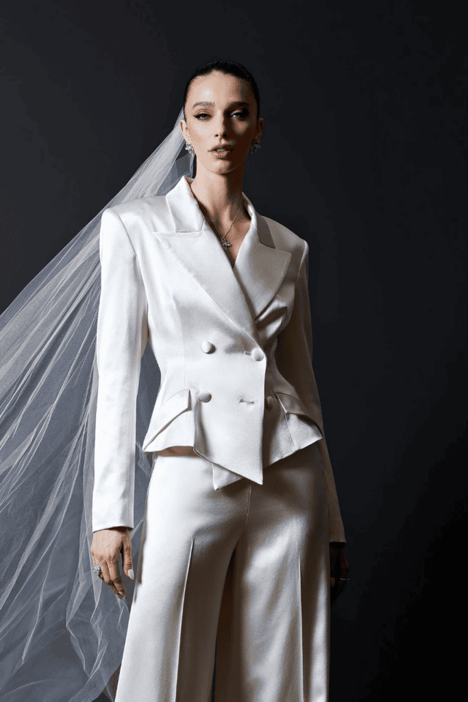 ivory double-breasted satin bridal suit
