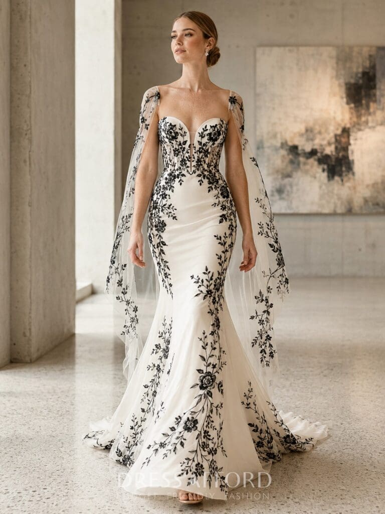 white strapless mermaid wedding dress with striking black floral embroidery
